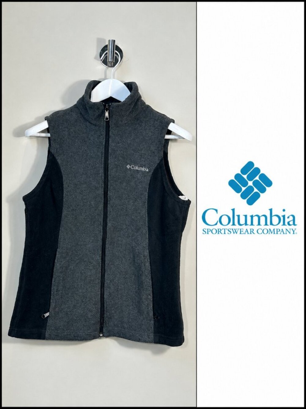Columbia Women’s Medium Full Zip Fleece Vest Grey Black Outdoor Hiking